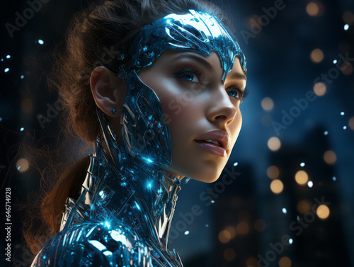 A cyborg woman with blue eyes against the backdrop of a night city. The future.