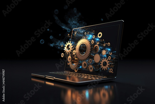 Digital workflow concept: Isolated laptop with floating cogs