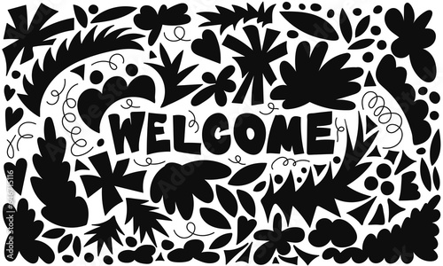 Welcome sign with abstract hand drawn organic shapes background. Modern doodle, line, nature, flower elements. Collection of colorful vector illustrations for print, posters, social media posts, appar photo