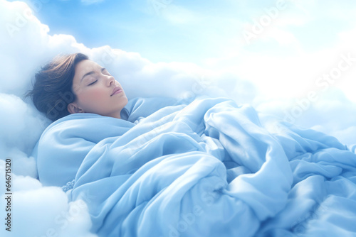 Fantasy background of girl lying on clouds with weighted blanket, immersed in deep sleep. The blanket gently embraces, creating a sense of coziness and tranquility. Banner.