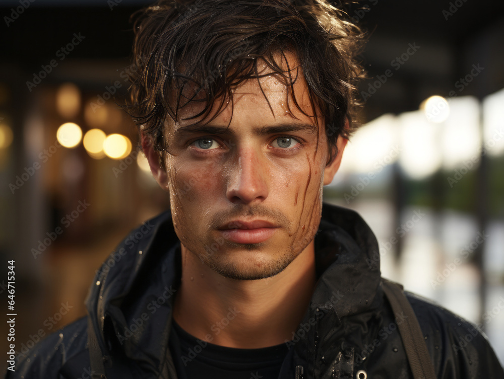 A young guy with a wet face after the rain. Against the background of the night city. 
