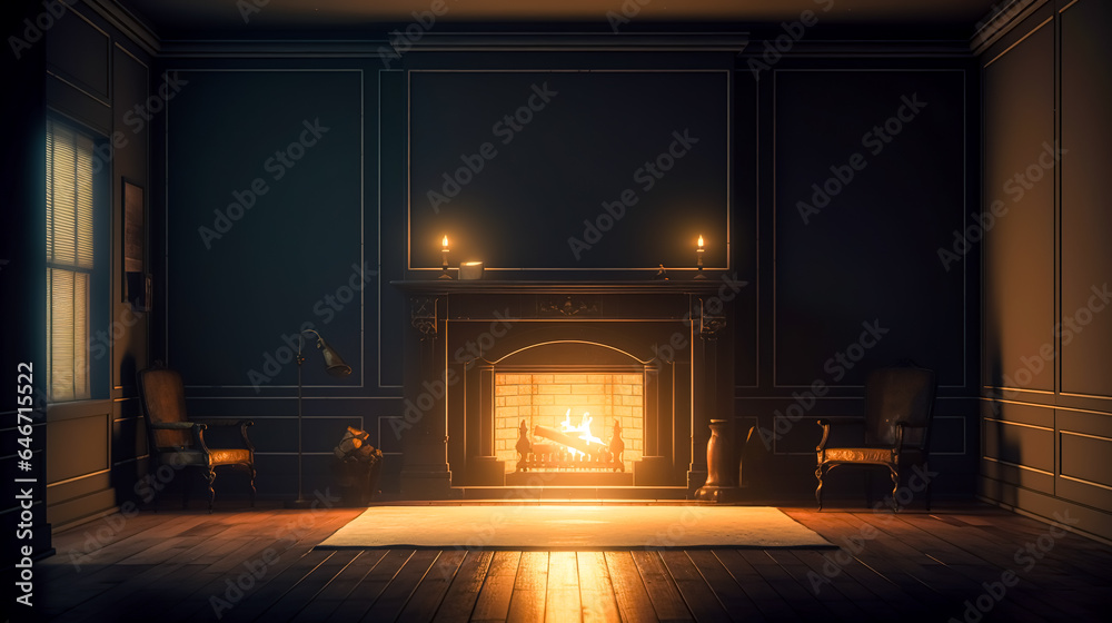 Living room interior with fireplace, generative AI.