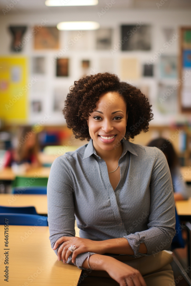A Female Teacher Portrait In Front Of Her Classroom A Female Teacher Portrait In Front Of Her Classroom