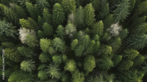 Aerial view of green summer forest with spruce and pine trees forest view from above, aerial top view with copy space design for web banner, Generative AI