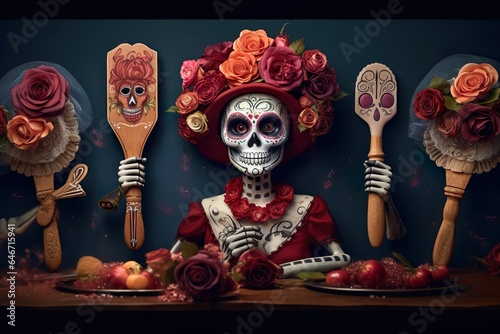 Mexican La catrina La Calavera Catrina skull flower Day of the dead Dia de los muertos concept  photo