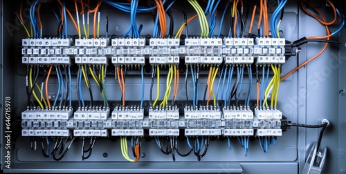 Box for wires of distribution of an electricity, PLC Control panel with wiring, lectric control panel enclosure for power and distribution, Generative AI photo