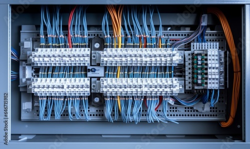 Box for wires of distribution of an electricity, PLC Control panel with wiring, lectric control panel enclosure for power and distribution, Generative AI photo