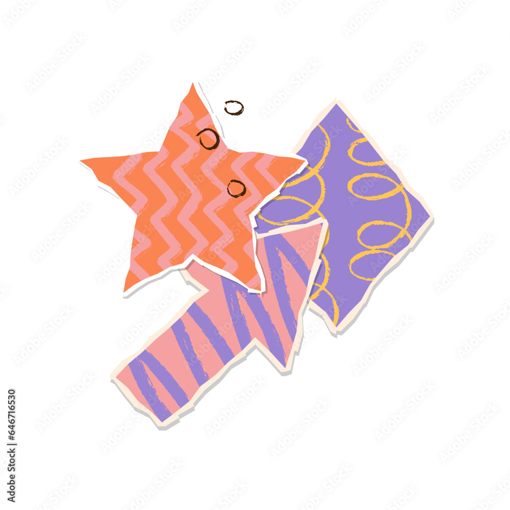 Modern torn paper composition with star and arrow. Trendy paper collage with drawn texure. Sticky notes, shreds of notebook pages. Vector . Various colorful shapes, geometric figures.