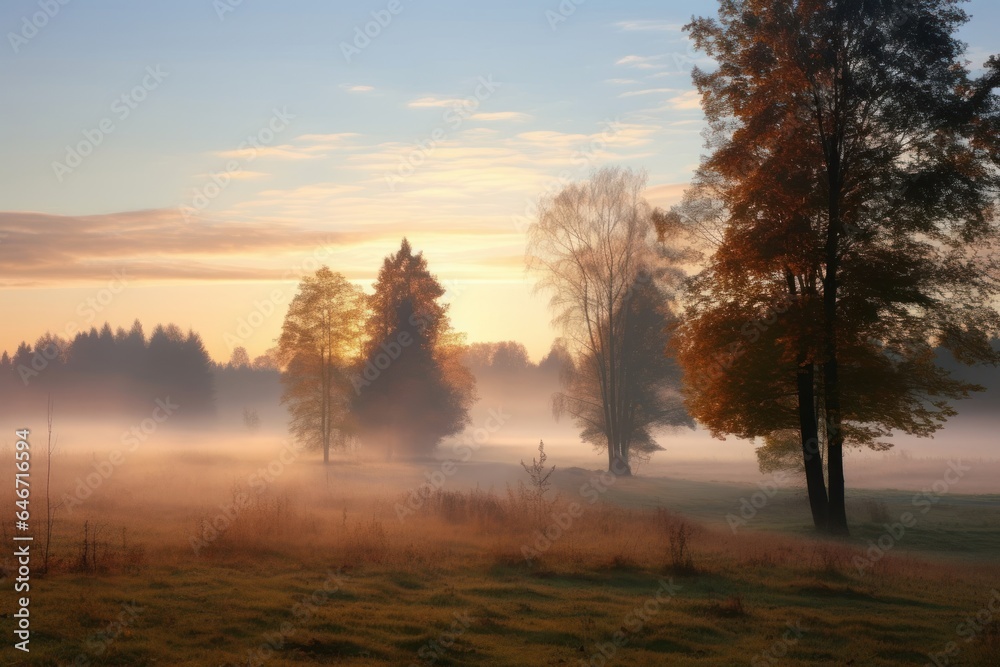 Beautiful dreamy autumn sunrise rural scenery. Autumn fog and the beautiful morning sun in a landscape, Generative AI