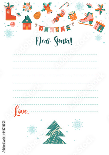 Christmas letter from Santa Claus template. Sheet of paper with hand-drawn Christmas decoration. Layout in A4 size. Vector illustration.