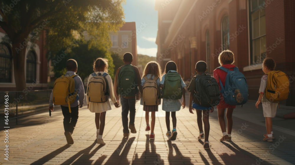 Excited Youngsters Embark on Their First Day of School: A Diverse Group of Elementary Students on a Shared Journey.