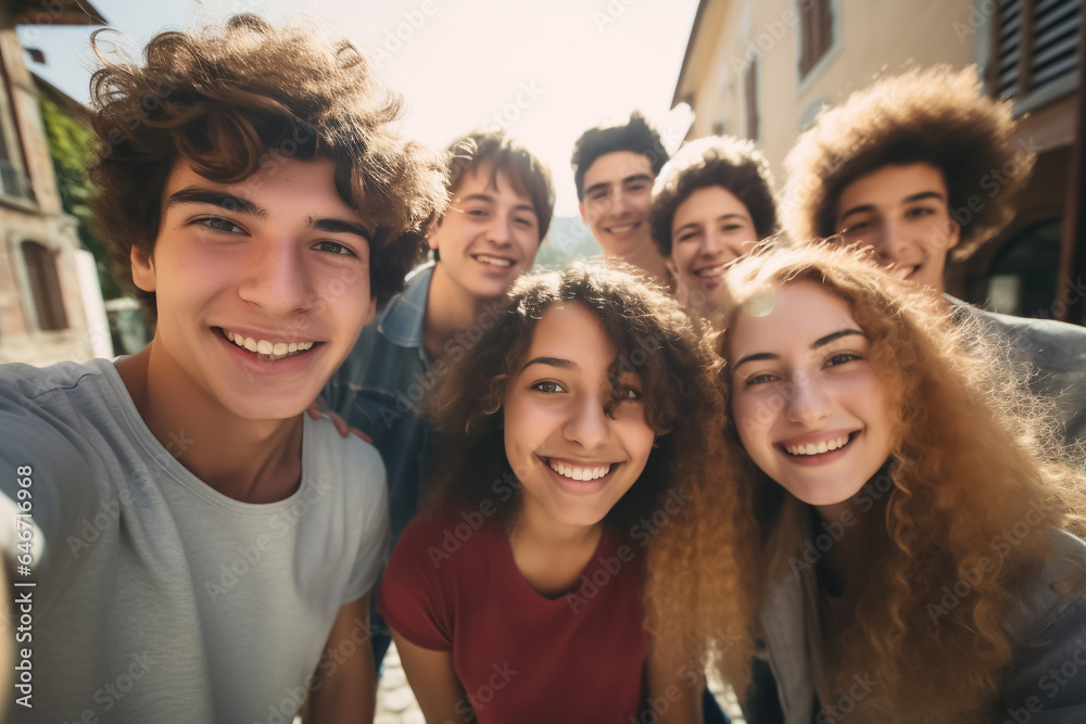 Group of teenage friends taking selfie photos with cell phone and laughing happily - Youth and Friendship Theme - Generative AI