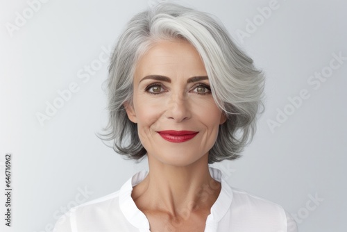 Portrait of Elegant Caucasian Woman with Bright Makeup, Red Lips, Stylish Bob Haircut on Gray Hair.