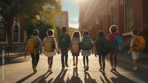 Excited Youngsters Embark on Their First Day of School: A Diverse Group of Elementary Students on a Shared Journey.