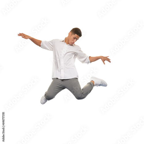 Funny meme emotions. Young stylish guy jumping isolated on white background. Enjoyment. Concept of youth, active lifestyle, motivation, emotions and facial expression. Ad