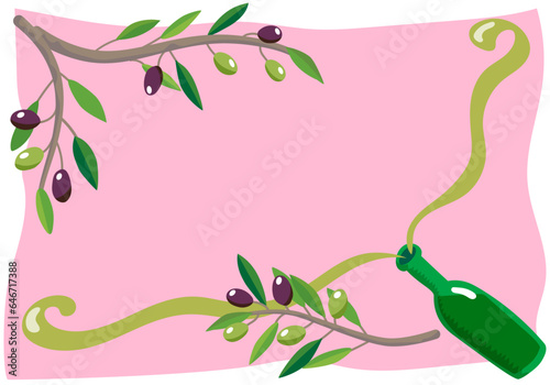 ボトルからほとばしるオリーブオイルにオリーブの枝をあしらった横長の背景フレーム素材