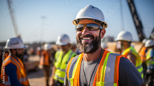 Adult construction worker in hard hat. Teamwork and unity concept. Man smiling with workers in white construction industry. 