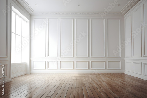 White empty wall with decorative paneling and wood floor. AI Generative