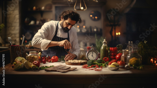 A chef cooking in his kitchen with a neutral background.