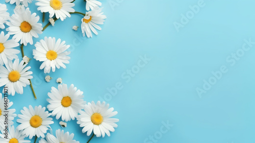 Flowers composition. Chamomile flowers on pastel blue background