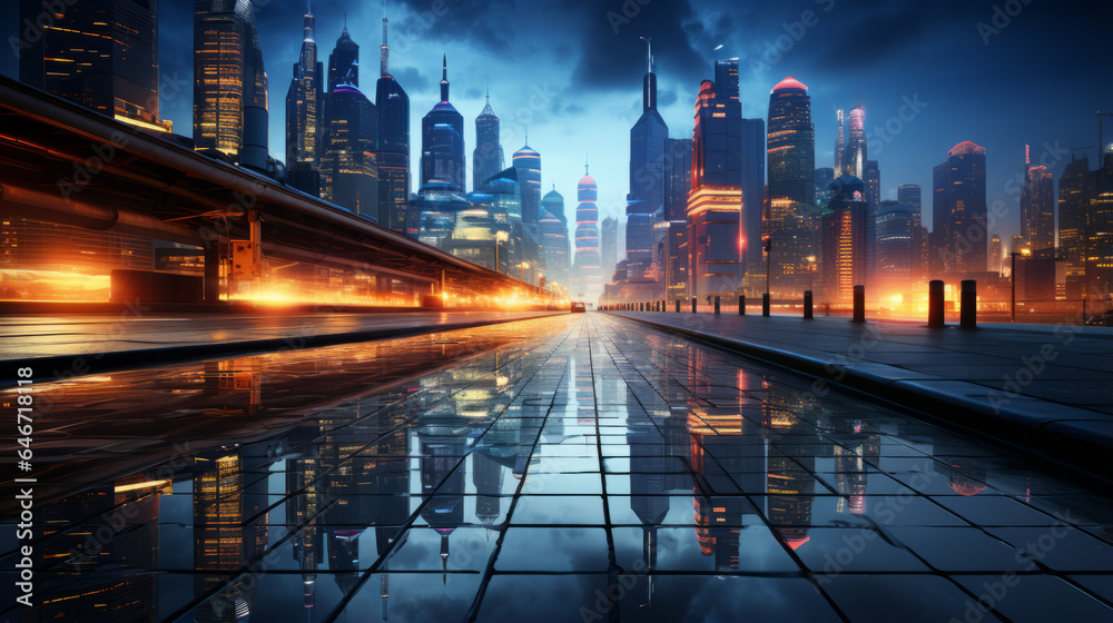 The Nighttime Glow: A Futuristic City Illuminated. Generated AI
