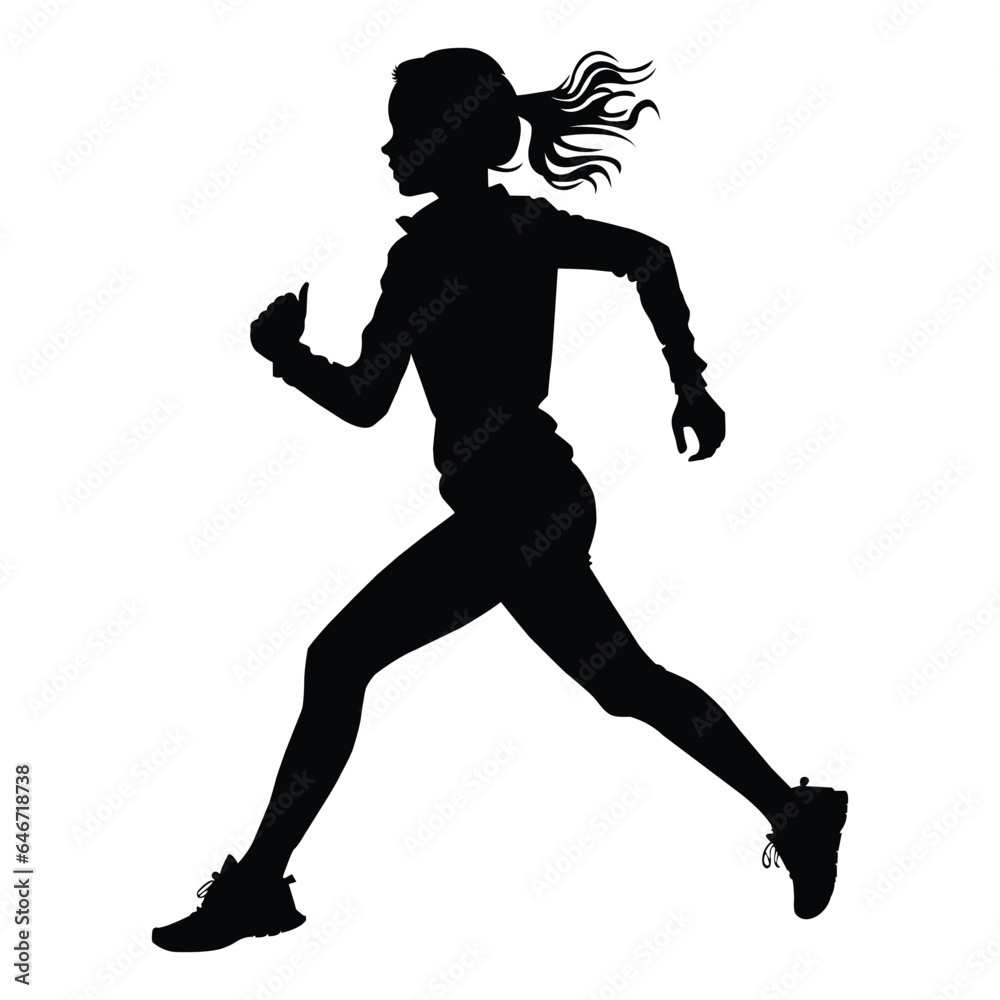 Fototapeta premium Side View Silhouette of Running Young Girl on White