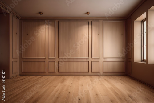 Light brown empty wall with decorative paneling and wood floor. AI Generative