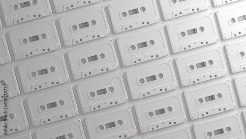 3d rendering. Minimal creative background for retro technology concept. White cassette tape on white background.  SHOTLIST1990.