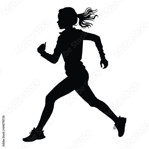 Side View Silhouette of Running Young Girl on White