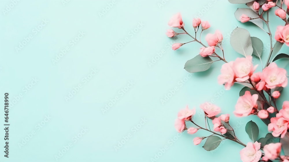 Flowers composition creative. Pink flowers eucalyptus