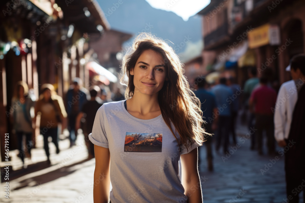 Young travel woman walking down the old town Young travel woman walking down the old town