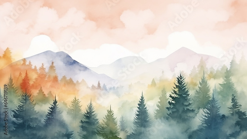watercolor drawing, autumn landscape panorama coniferous forest in the mountains, horizon line on a white background in yellow tones of autumn © kichigin19