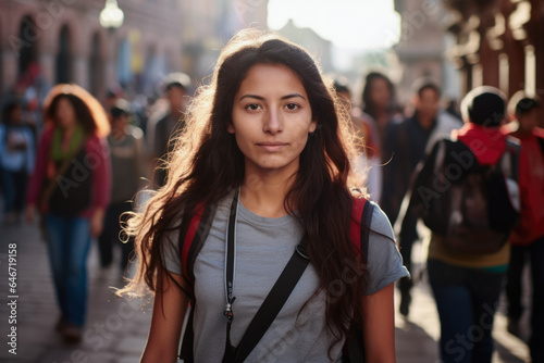 Young travel woman walking down the old town