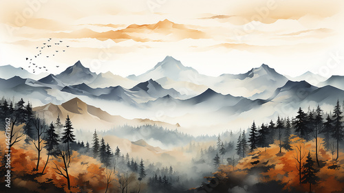 illustration autumn in the mountains blurred abstract watercolor background in white light and yellow, golden tones of Indian summer