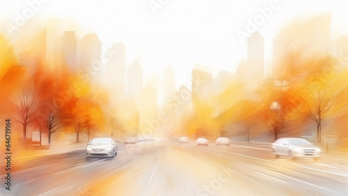 illustration orange autumn in the city, art traffic flow highway