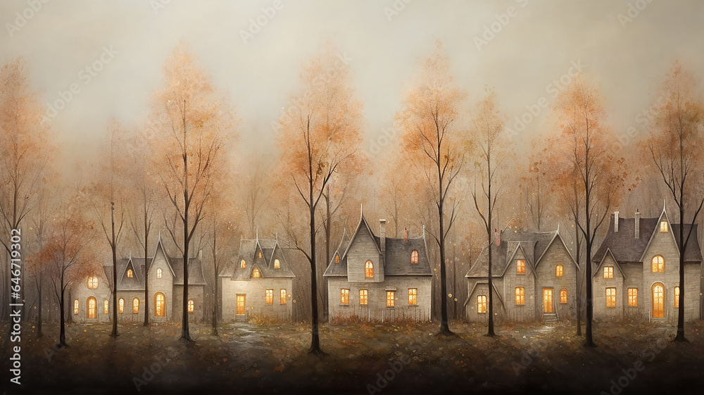 image greeting card with autumn houses and trees evening light in the windows october landscape with copy space