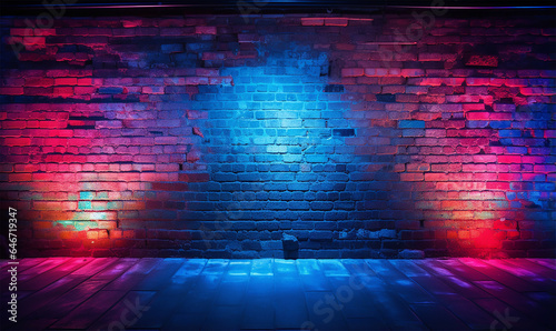 Unplastered brick walls illuminated by neon lights with lighting effects in red and blue