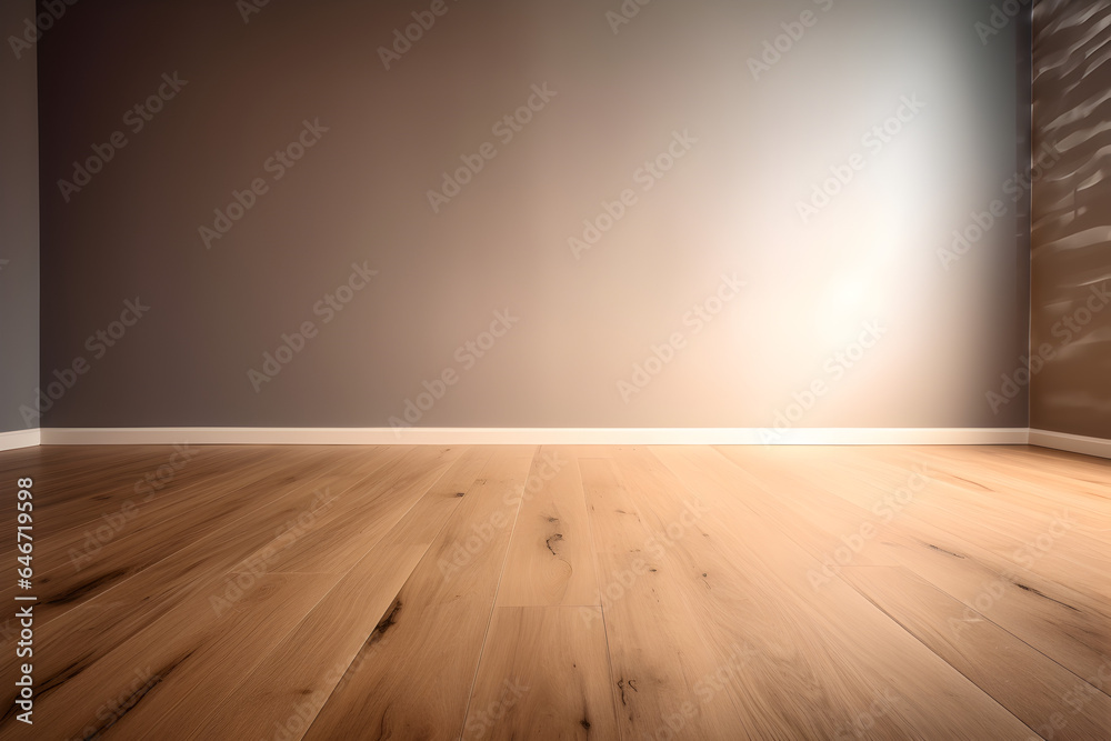 Light brown empty wall with decorative paneling and wood floor. AI Generative Light brown empty wall with decorative paneling and wood floor. AI Generative