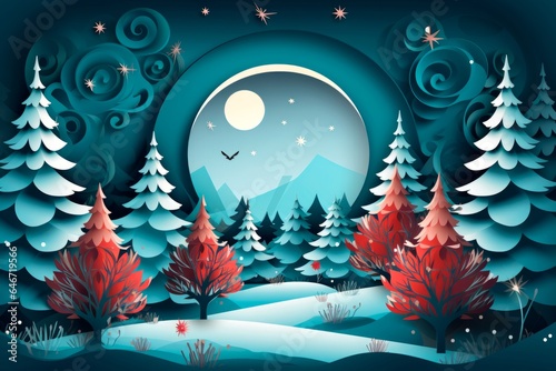 Winter landscape paper cut style. Poster with a Christmas scene, forest, snow drifts. New Year and Christmas concept.