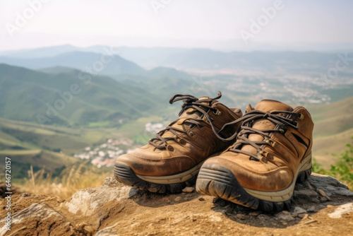 Hiking boots on the mountain peak. Travel and adventure concept.