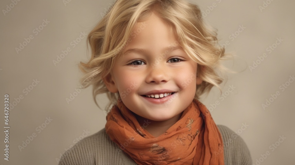 A smiling young girl with blonde hair, wearing neutral clothing, posing against a studio's light beige background. Generative AI A smiling young girl with blonde hair, wearing neutral clothing, posing against a studio's light beige background. Generative AI