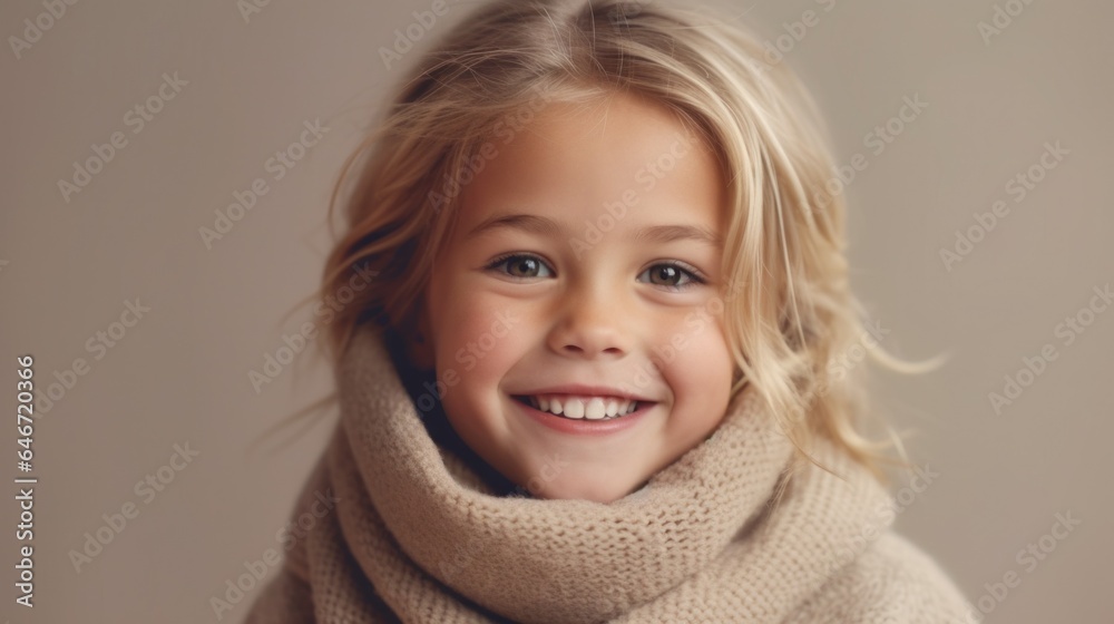 Happy little girl with blonde hair, dressed in gentle hues, posing against a light beige studio backdrop. Generative AI Happy little girl with blonde hair, dressed in gentle hues, posing against a light beige studio backdrop. Generative AI
