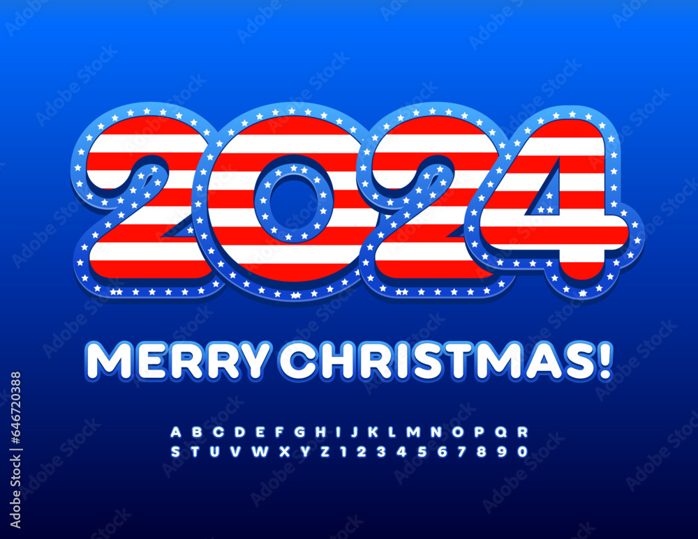 Vector Greeting Card Merry Christmas 2024 with United States of America flag. Modern Font. Artistic Alphabet Letters and Numbers
