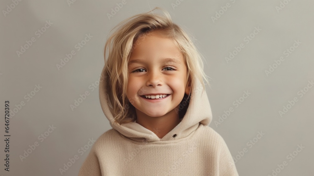 Joyful blonde kid in a studio, smiling against a light beige backdrop. Generative AI Joyful blonde kid in a studio, smiling against a light beige backdrop. Generative AI