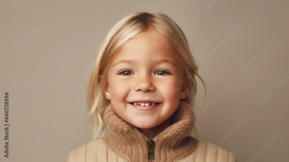 A happy little girl with blonde hair, dressed in soft colors, posing against a light beige studio background, beaming with joy. Generative AI A happy little girl with blonde hair, dressed in soft colors, posing against a light beige studio background, beaming with joy. Generative AI