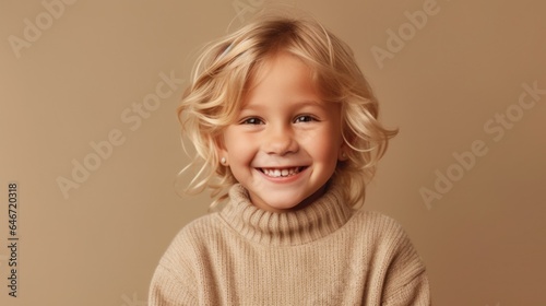 A joyful little girl with blonde hair, dressed in muted colors, grinning in front of a light beige studio backdrop. Generative AI