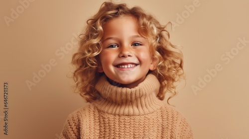 Portrait of a delighted blonde child, donned in neutral attire, smiling against a studio's beige background. Generative AI