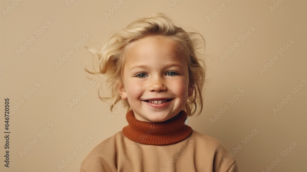 Smiling little girl in a studio setting, wearing neutral clothes against a light beige background. Generative AI Smiling little girl in a studio setting, wearing neutral clothes against a light beige background. Generative AI