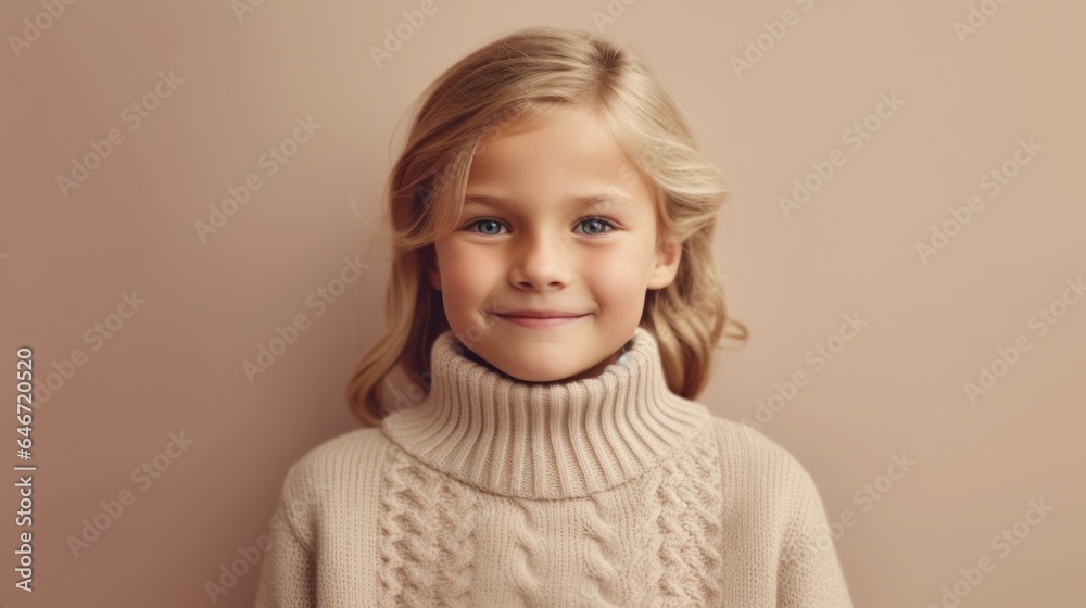 Happy blonde girl in neutral clothes smiles in studio against light beige backdrop. Generative AI