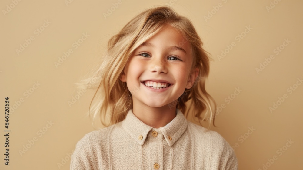 Happy blonde girl in neutral clothes smiles in studio against light beige backdrop. Generative AI Happy blonde girl in neutral clothes smiles in studio against light beige backdrop. Generative AI